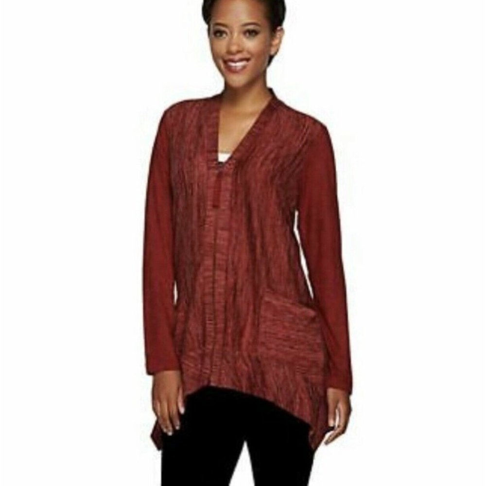 LOGO Lori Goldstein Zip Up Faux Suede Sleeves Cardigan Sweater Size S
